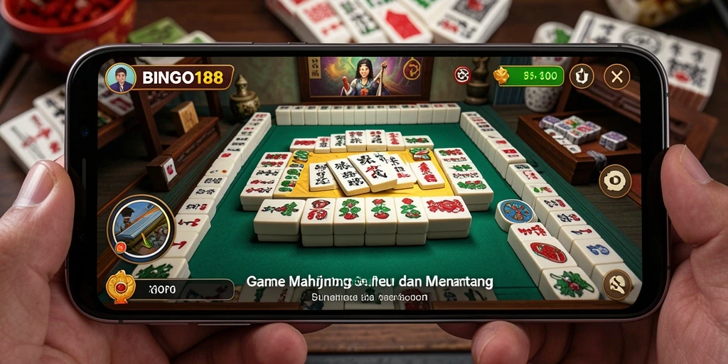 Tampilan gameplay BINGO188 yang menarik dengan ubin Mahjong berwarna-warni.