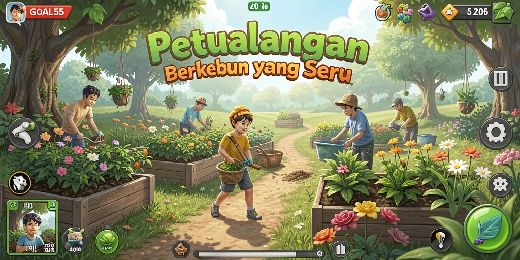 Screenshot utama GOAL55 menunjukkan keseruan gameplay berkebun.