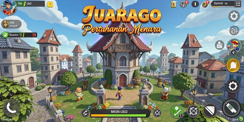 Tampilan gameplay menarik dari JUARAGO dengan menara dan musuh yang beragam.