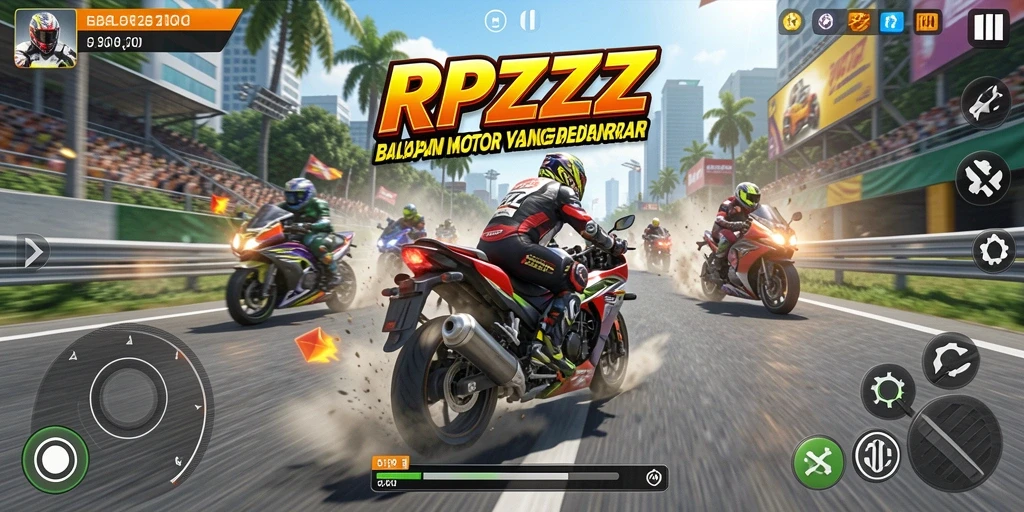 Tampilan gameplay RPZZZ dengan balapan motor yang cepat dan menegangkan.