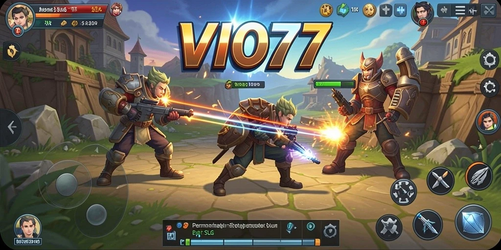 Screenshot VIO77 menampilkan aksi pertempuran strategis yang intens.